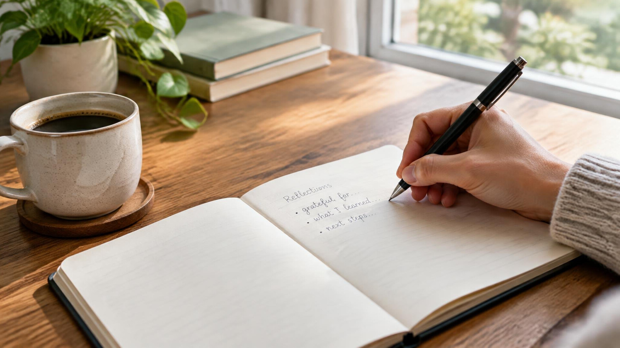 Hand writing in an open notebook on a wooden desk