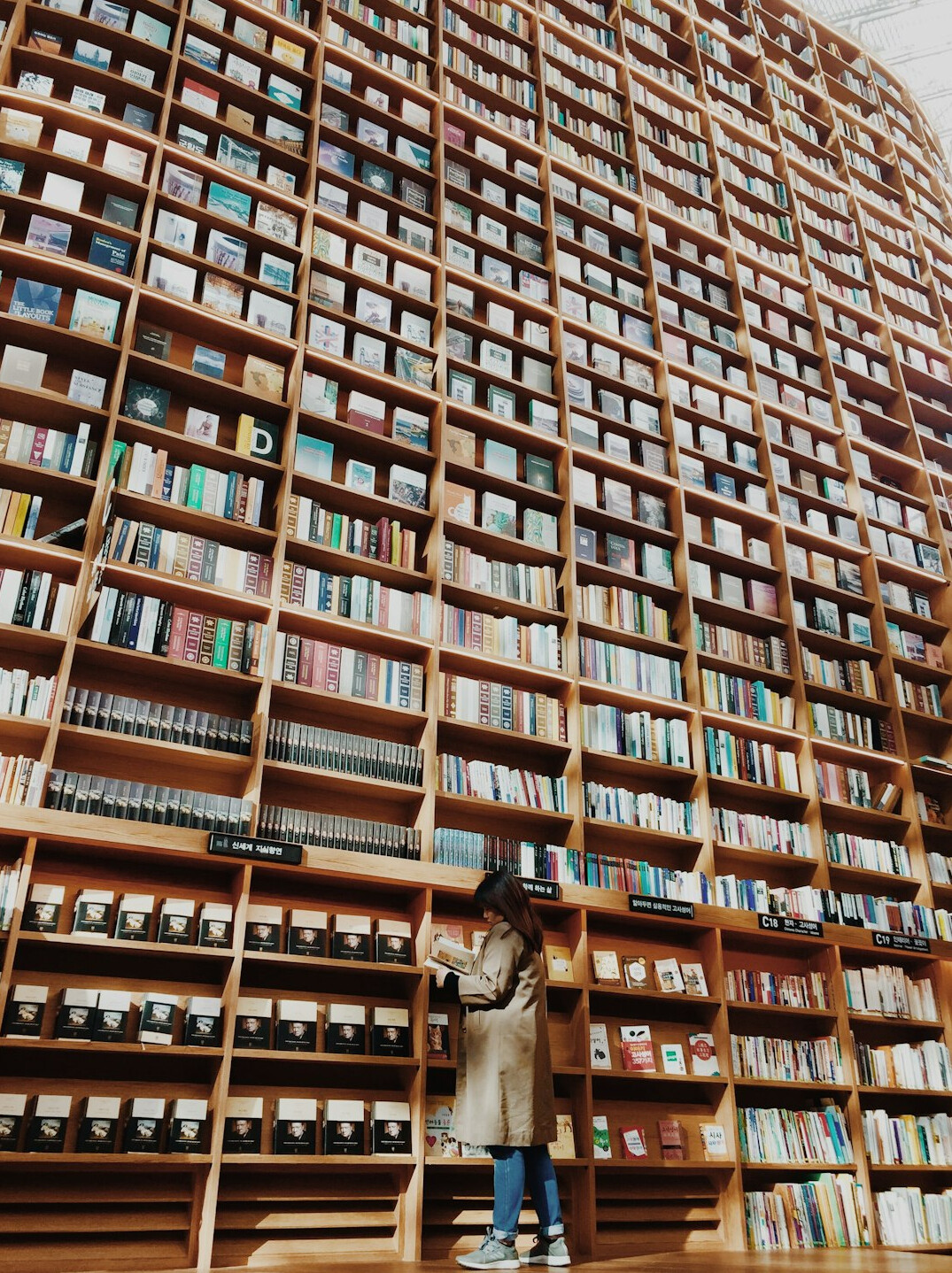 Library with tall shelves full of books