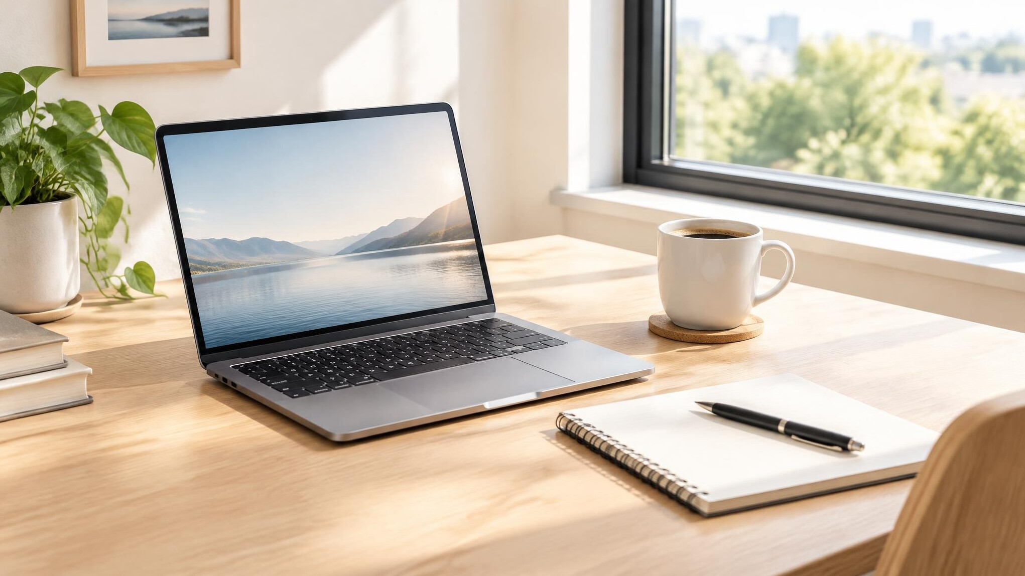 Laptop and coffee on a bright workspace desk
